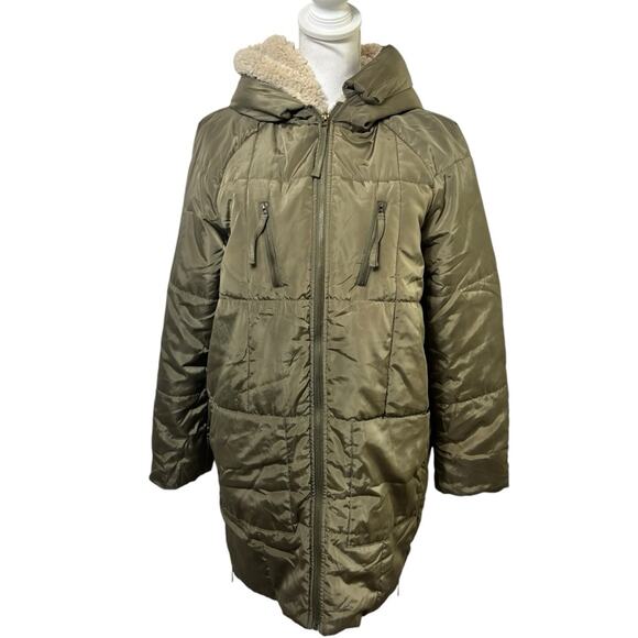 DRESS FORUM LOS ANGELES SMALL GREEN BEIGE ZIP UP PUFFER WINTER JACKET - Picture 1 of 7